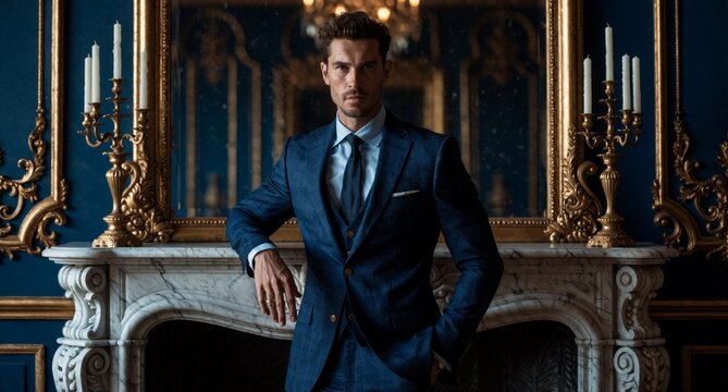 Handsome Man in Blue Suit Standing by Fireplace in Luxury Interior