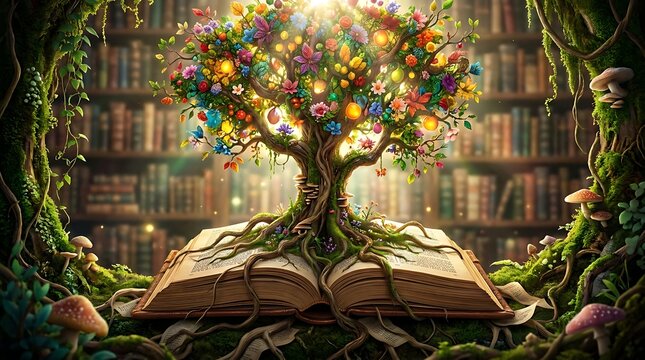 Magical tree growing from an open book surrounded by a library of knowledge