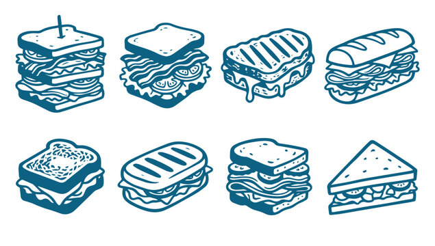Hand drawn blue line art sandwich icons set featuring paninis, subs, and club sandwiches