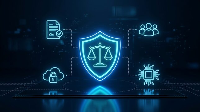 Abstract glowing blue shield with scales of justice symbol on circuit board platform representing legal tech and cybersecurity.