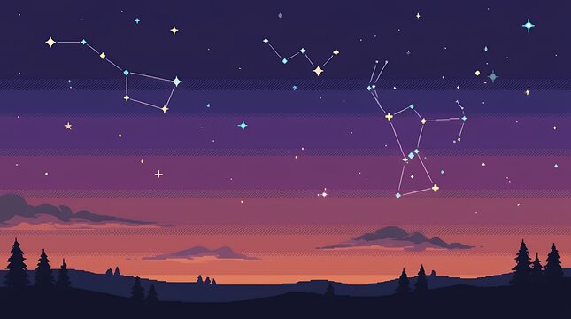 Retro Pixelated Twilight Sky Displaying Dusk Gradient Horizon Filled With Evening Constellations And Pixel Art Stars For Seamless Celestial Backdrop Design pixel art sky sunset dusk twilight stars