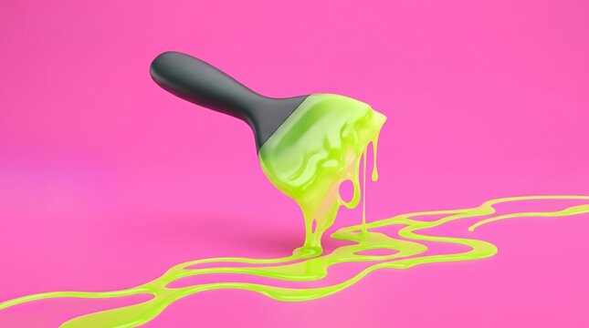 Surreal Melting Neon Lime Putty Spatula on Vibrant Magenta Background