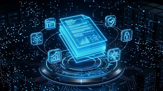 Digital documents and icons with cyber security shield and data analysis charts on futuristic abstract technology background for business data management.