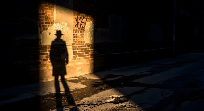 Silhouette of a man in a hat standing in front of a glowing yellow brick wall