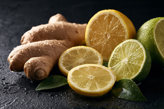 Fresh ginger root with lemon and lime slices on dark background