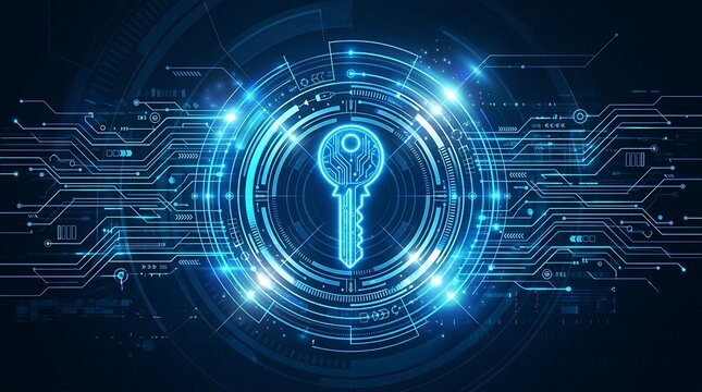 Glowing blue key symbol with circuitry on futuristic digital technology background representing encryption and data security access.