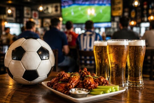 Soccer ball with beer and chicken wings in sports bar