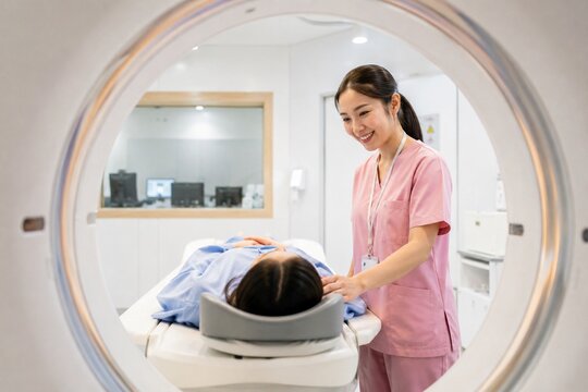 Radiologic technologist assisting patient during CT scan