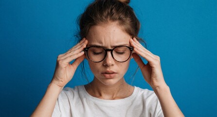 Fototapeta premium Stressed Young Woman with Headache and Eyes Closed holding Temples