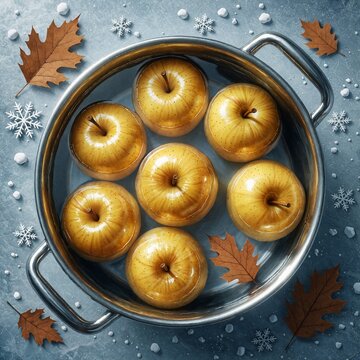 Baked Apples in Syrup in Pot with Autumn Leaves and Snow