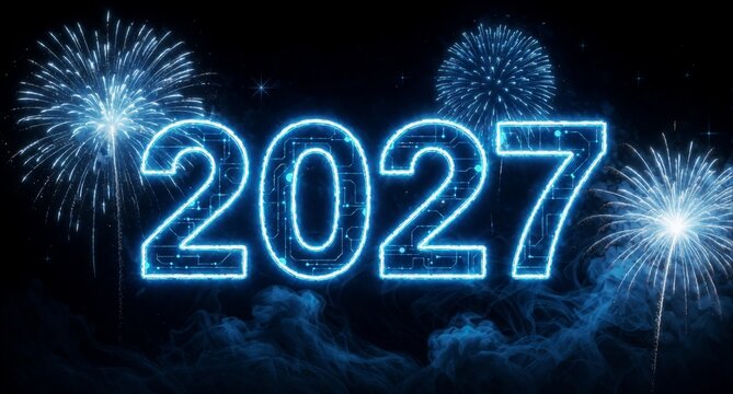 New Year 2027 Celebration with Blue Fireworks and Glowing Text