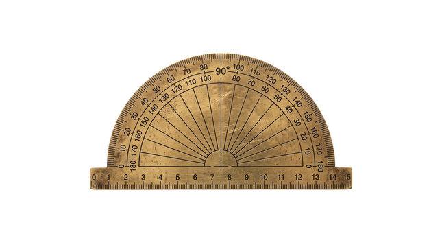 Vintage Brass Protractor and Ruler Tool for Measurement on White Background.
