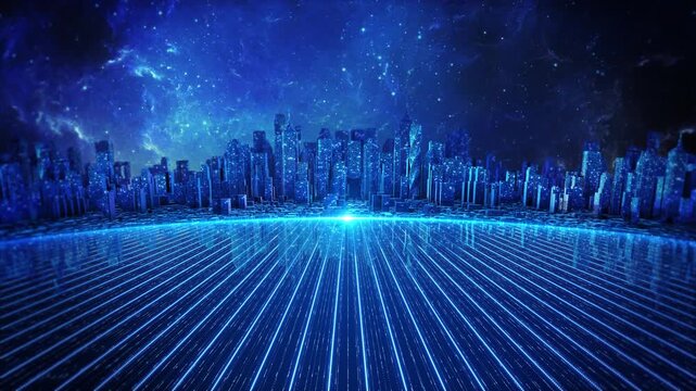Futuristic smart city luminous blue data highway digital broadband, network transfer, AI infrastructure, smart transport, cloud services, digital transformation, analytics connected urban systems.