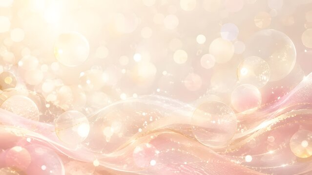 Ethereal bokeh background with soft pink waves. Dreamy golden light with glowing bubbles. Elegant pastel abstract for wedding and luxury design.