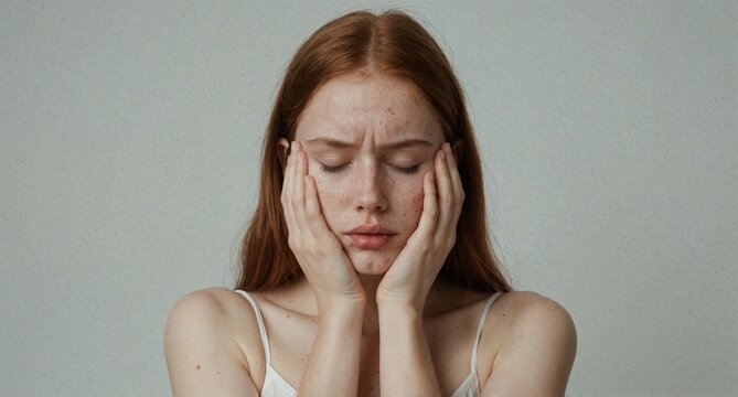 Young woman with acne and skin imperfections covering her face with hands