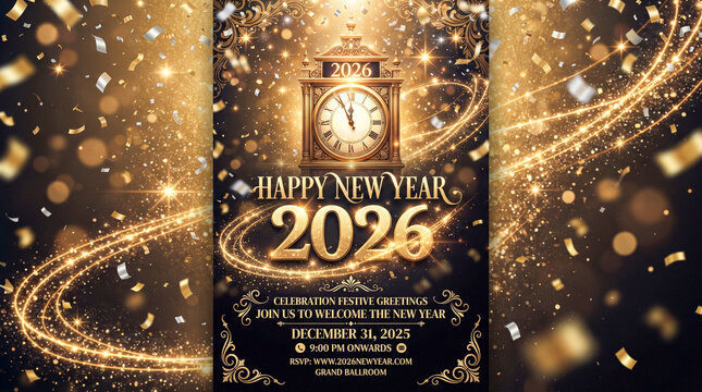 Elegante celebraci&oacute;n de A&ntilde;o Nuevo 2026 con n&uacute;meros dorados brillantes, reloj de cuenta regresiva, champ&aacute;n y fuegos artificiales.