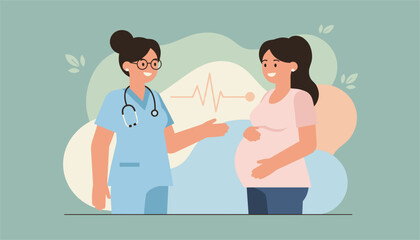 Obraz premium Female doctor consults with a pregnant woman in her clinic, with a heartbeat symbol visible in the background.