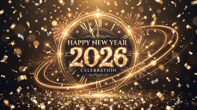 Elegante celebraci&oacute;n de A&ntilde;o Nuevo 2026 con n&uacute;meros dorados brillantes, reloj de cuenta regresiva, champ&aacute;n y fuegos artificiales.