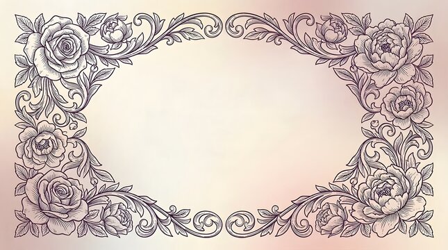 Elegant ornamental oval floral frame with roses and peonies on soft gradient background.