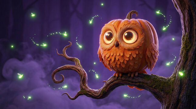 Whimsical Halloween-themed animated owl carved as jack-o-lantern perched on twisted tree branch in mystical purple night forest with glowing fireflies
