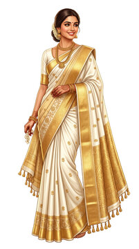 Indian woman wearing traditional white gold sari for wedding celebration