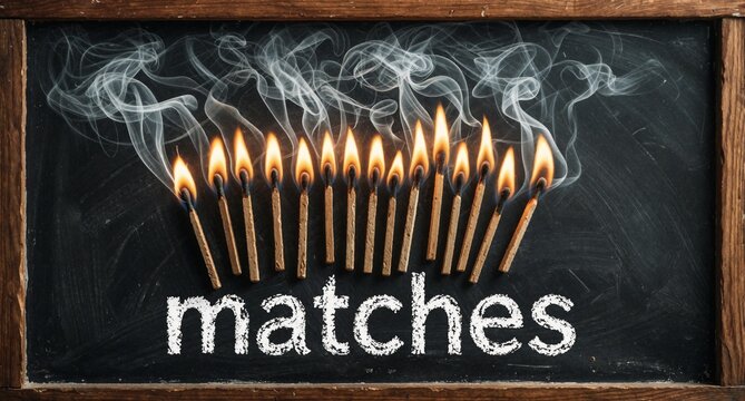 Burning Matches on Blackboard with Smoke and Text