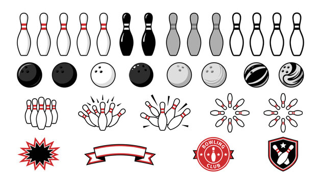 Bowling Club Vector Icon Set with Pins, Balls, Badges, and Ribbons for Sports Tournaments, League Logos, Entertainment Centers, and Graphic Design