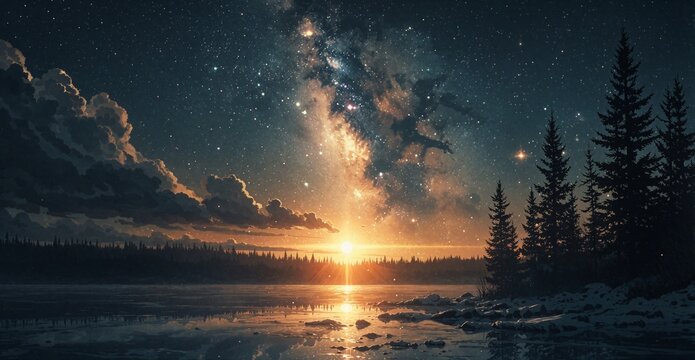 Milky Way Galaxy over Snowy Lake with Pine Trees at Night