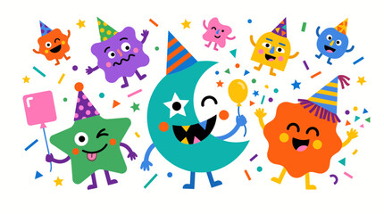 Obraz premium Colorful vector illustration featuring happy cartoon characters including a crescent moon a green star and various abstract shapes wearing party hats while celebrating with bright balloons and falling