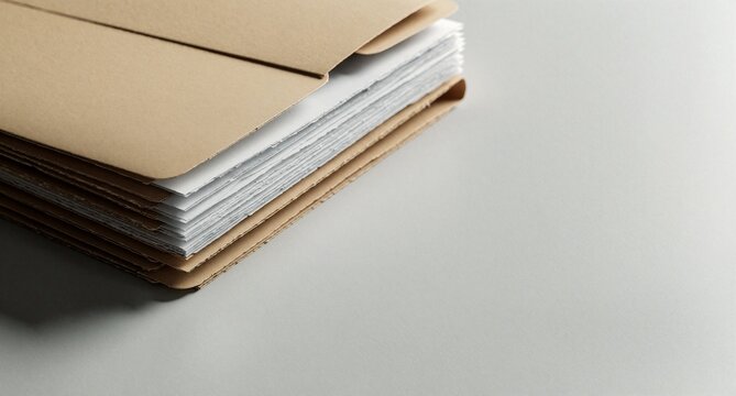 Stack of Kraft Paper Envelopes with White Documents on White Background
