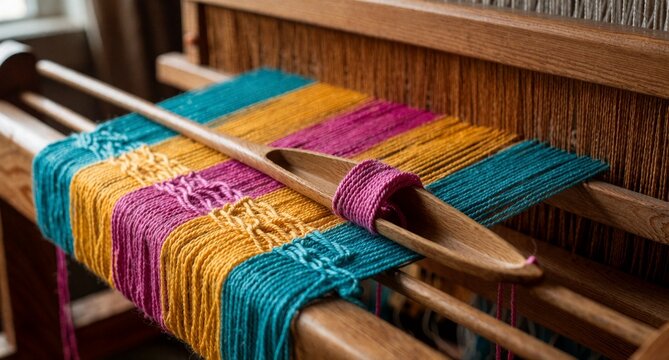 Colorful Yarn on Traditional Wooden Loom for Textile Weaving Craft