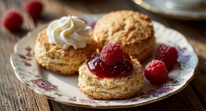 Fresh Raspberry Coconut Macaroons with Cream and Jam on Vintage Plate