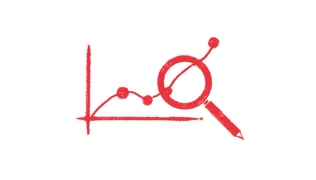 Hand drawn red data analysis graph with magnifying glass icon on white background