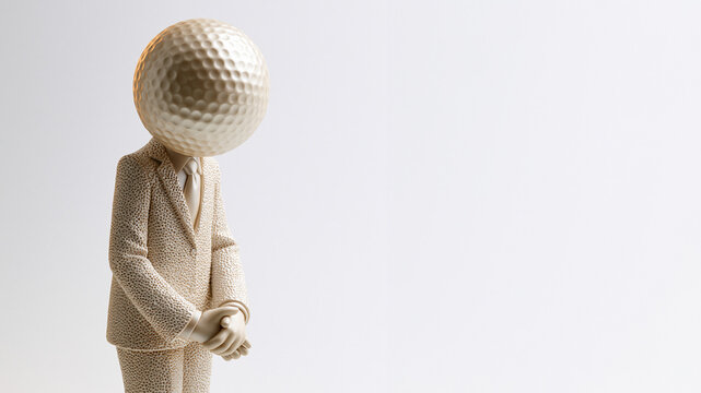 Golfballkopf-Figur steht entspannt in ruhender Haltung vor wei&szlig;em Grund