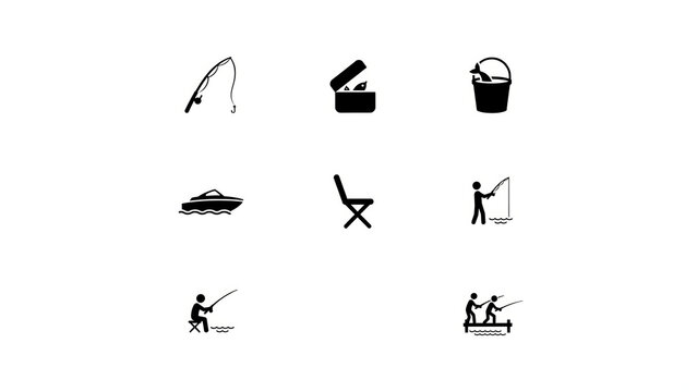 Fishing icon set. Minimalist vector signs for outdoor hobby. Rod, boat, tackle box, chair, bucket. Black silhouettes on white background. 7 distinct graphic elements for web design.