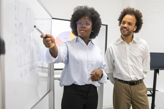 Coworker present business data during office team meeting