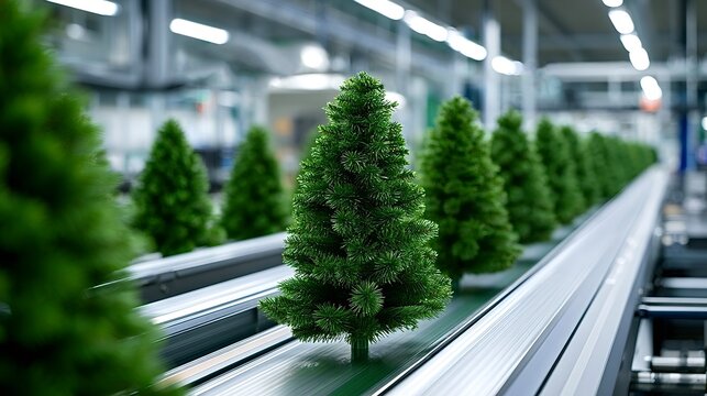 Artificial christmas trees moving along a factory conveyor belt