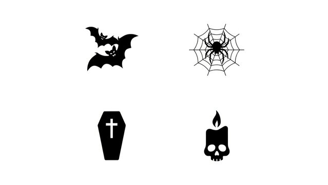 Halloween vector icons set. Black bat, spider web, coffin, skull candle. October 31st holiday logos and symbols for spooky party decoration design.