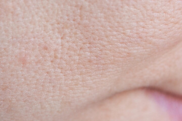 Fototapeta premium Facial Skin Closeup With Visible Fine Lines Pores And Textured Surface On Cheek Near Nasolabial Area In Soft Neutral Lighting Macro Clinical Observation For Skin Analysis.