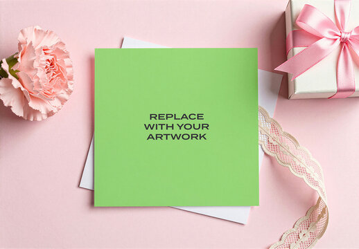 Square greeting card mockup with white envelope, pink carnation, gift box ribbon, Template, and lace trim arranged on a surface in flat lay presentation for stationery branding product display