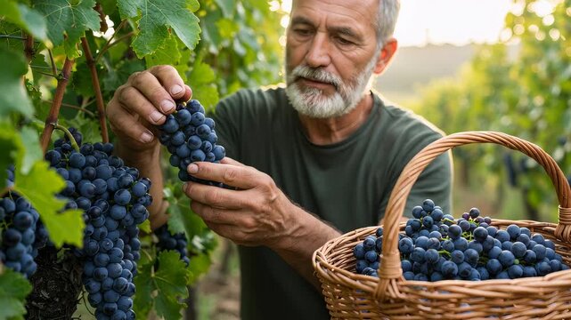 Man harvesting grapes in vineyard. Farmer picking fresh organic fruit for wine production. Agriculture worker collecting ripe berry harvest in basket for autumn.