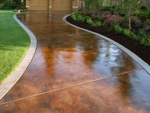 Curved stamped concrete driveway leading to residential garage with paver border. Custom decorative hardscape finishing and professional landscape design on backyard for luxury real estate promo.