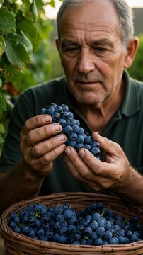 Caucasian vintner tasting fresh ripe grapes in vineyard. Mature farmer picking fruit for harvest. Organic agriculture production for wine and culinary ingredients. Vertical video