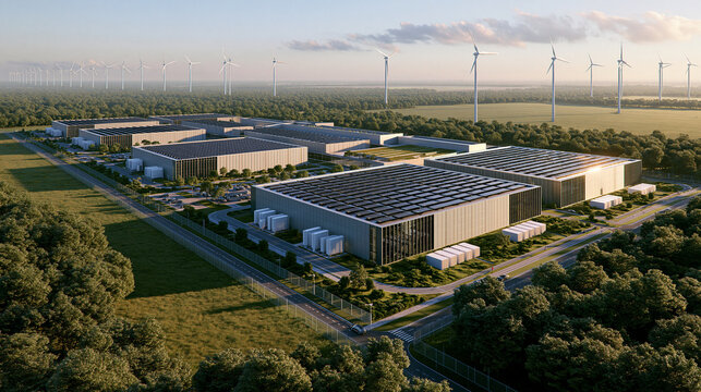 Luftaufnahme gro&szlig;er Rechenzentrumscampus mit Solarpaneelen und Windr&auml;dern
