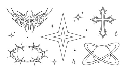 Y2K Cyber Punk Tattoo Vector Icon Set with Tribal Wings, Barbed Wire, Gothic Cross, Saturn Planet, and Sparkle Stars © KHAIRUN