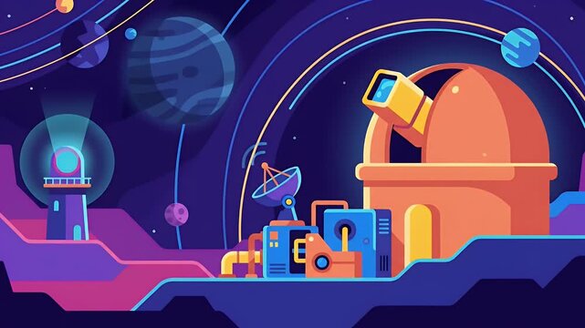 Colorful futuristic space observatory on alien planet with telescopes.