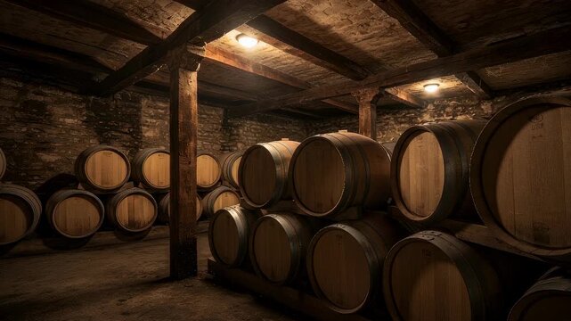 Wooden wine barrels stored in a dark cellar. Rows of oak casks aging alcoholic beverage. Traditional fermentation process inside underground industrial storage room.