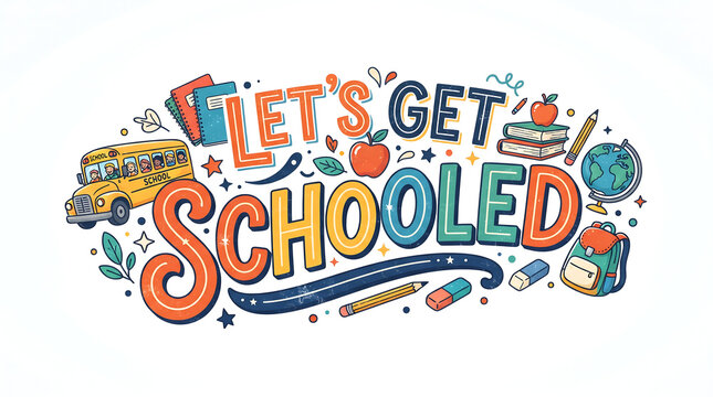 LET'S GET SCHOOLED: A vibrant and playful illustration celebrating the start of the school year, featuring a school bus, books, globe, backpack.