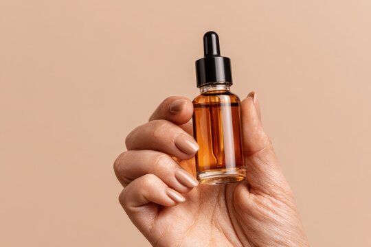 Dark amber glass bottle in female hand. Natural skin care SPA beauty product design. Mineral organic oil cosmetics on beige background. Mock-Up. Oily pipette. Face and body treatment. Blank logo label