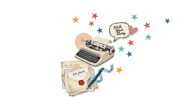 Vintage Typewriter Illustration, Retro Writing Desk, Writer Journal Concept, Nostalgic Creative Project, Old Fashioned Paperwork, Editorial Stock Art